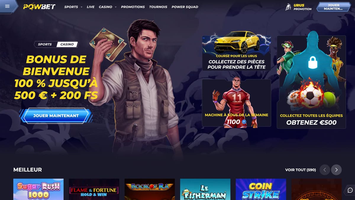 Interface du lobby de Powbet Casino avec la sélection complète de jeux slots et tables live