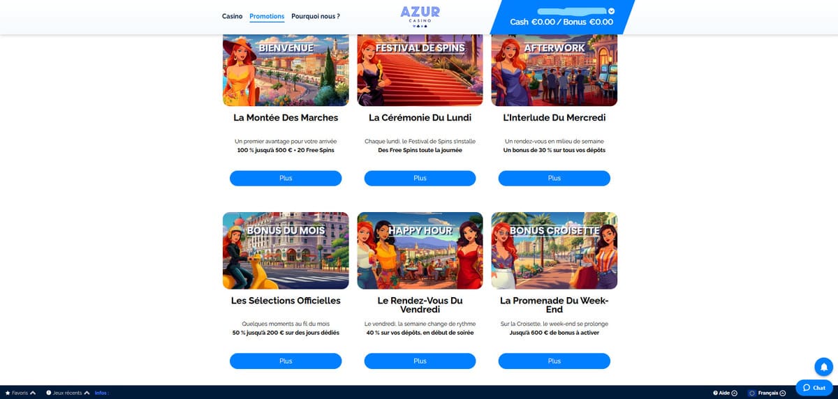 Page promotions d'Azur Casino affichant les bonus hebdomadaires et le cashback VIP