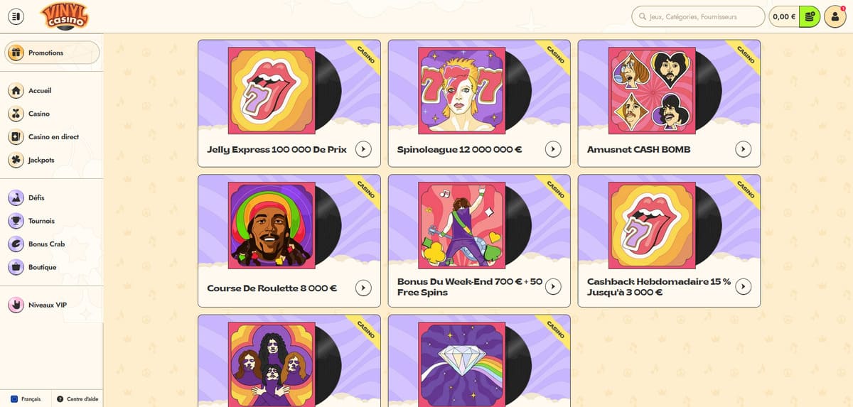 Page des promotions de Vinyl Casino affichant le bonus weekend, les free spins hebdomadaires et les offres de cashback