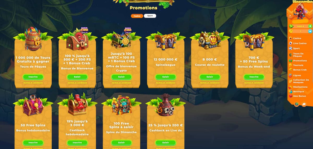 Promotions et bonus disponibles sur Wazamba Casino en 2026 incluant cashback, free spins et bonus week-end