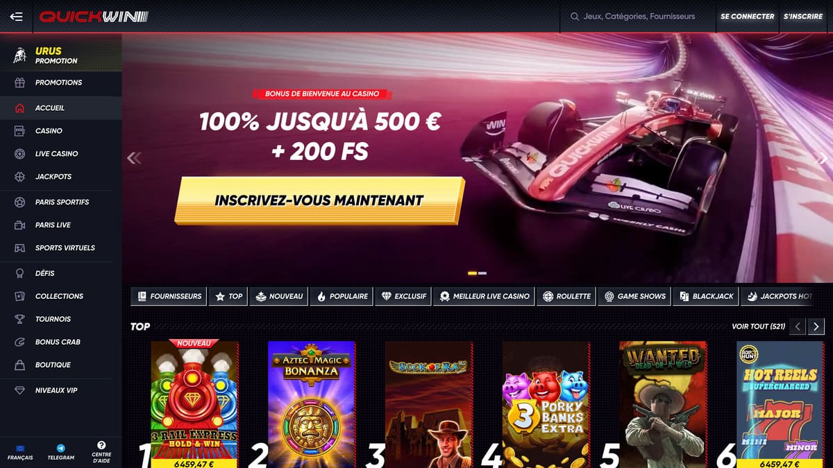 Interface lobby de QuickWin Casino avec la sélection de jeux slots et le menu de navigation principal