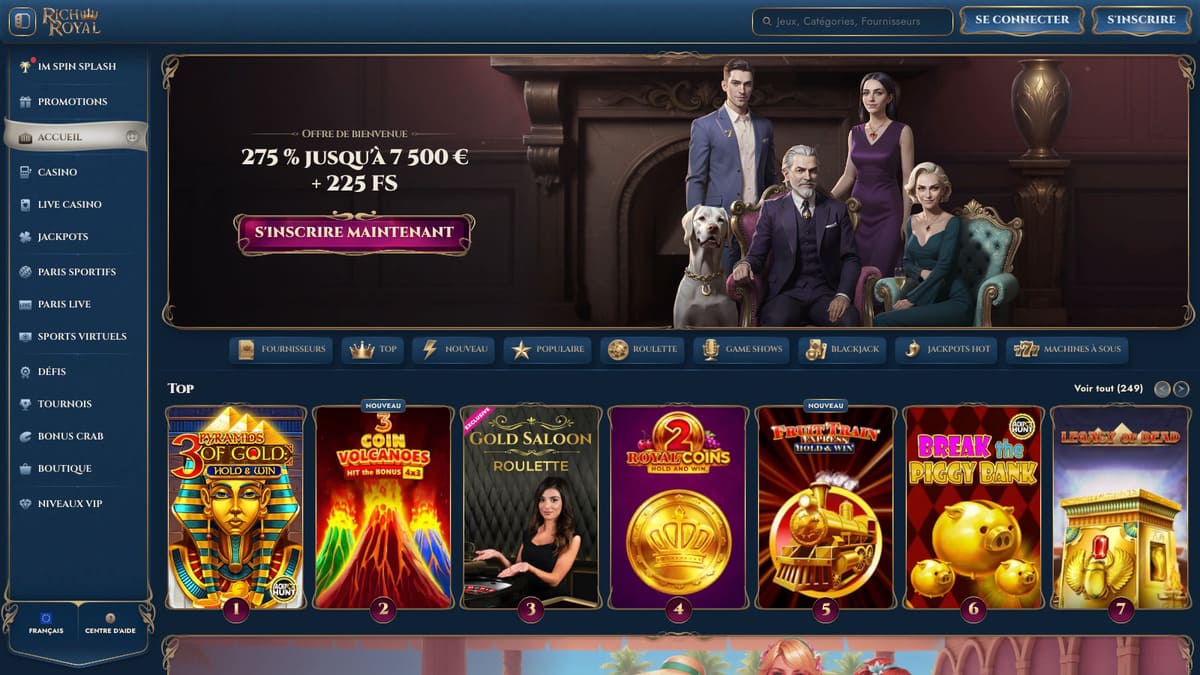 Interface principale de RichRoyal Casino avec lobby de jeux et bannière bonus de bienvenue visible