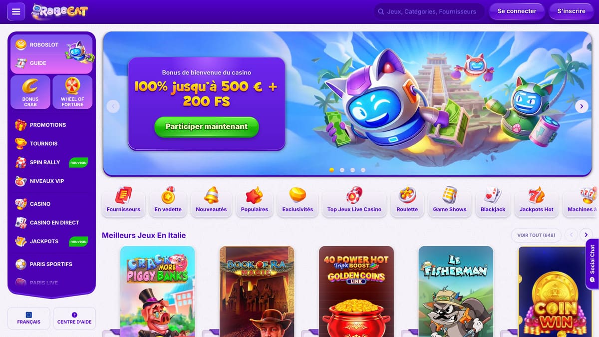 Lobby principal de Robocat Casino avec la sélection de slots et jeux live au premier plan