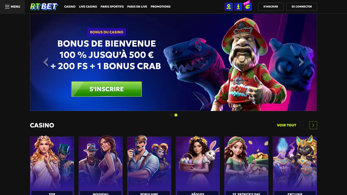 Interface principale du lobby RTbet avec la grille de jeux, filtres par catégorie et section paris sportifs intégrée