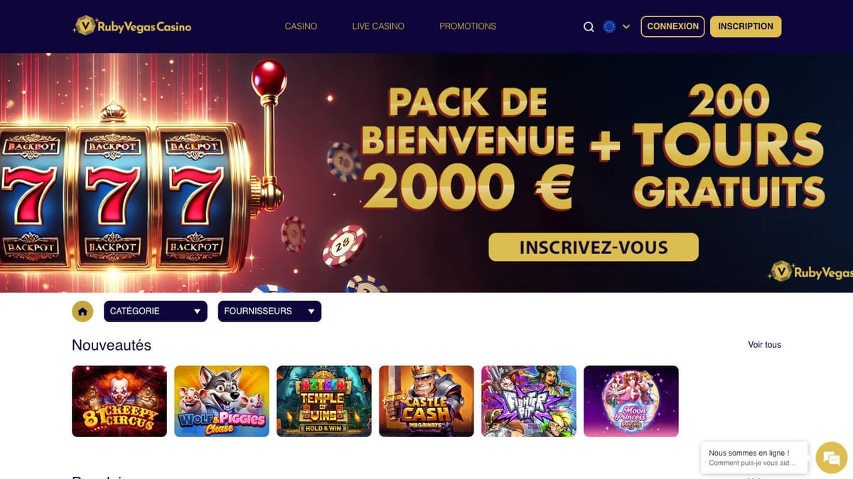 Lobby de Ruby Vegas casino en ligne avec la sélection de jeux slots et live casino