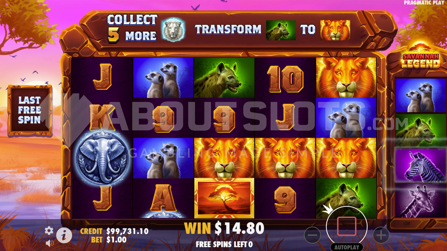 Round de Free Spins de Savannah Legend avec Special Lions collectés et Wilds multiplicateurs visibles