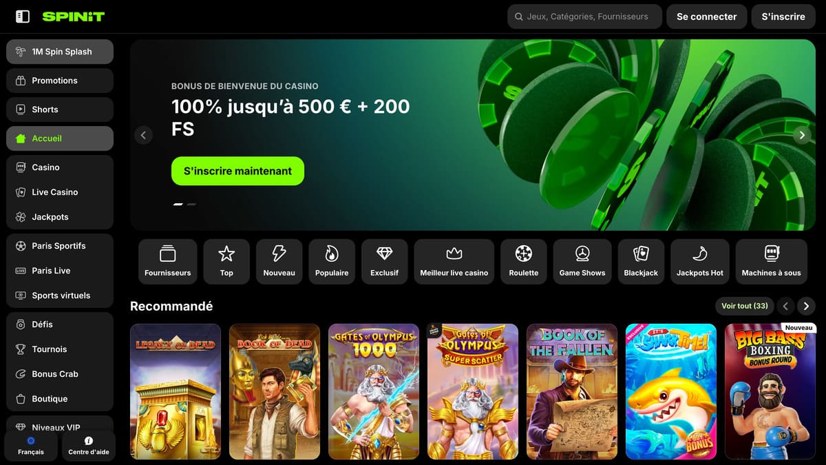 Interface du lobby Spinit Casino affichant la grille de jeux et les catégories de navigation principale
