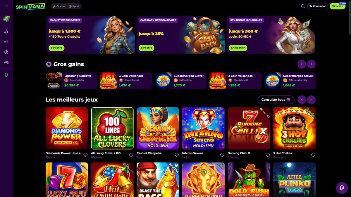 Interface du lobby de Spinmama Casino avec les catégories de jeux et la barre de navigation principale