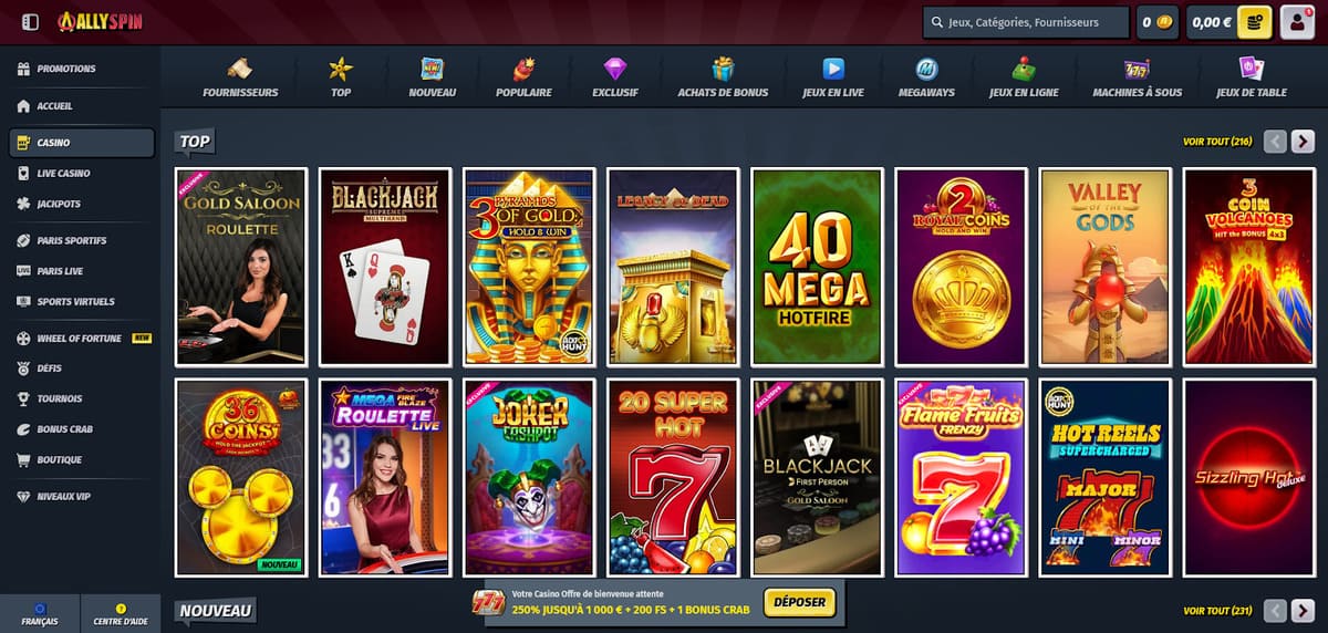 Sélection des jeux populaires sur AllySpin Casino avec les filtres par fournisseur et catégorie