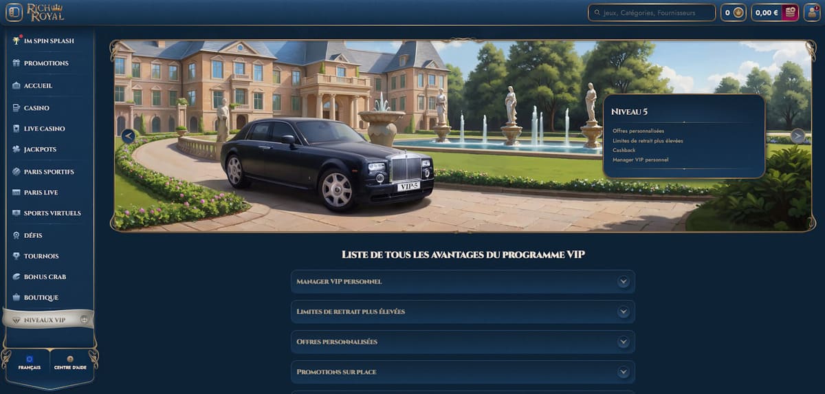 Page programme VIP de RichRoyal Casino affichant les 5 niveaux de fidélité avec barre d’avancement et avantages cashback