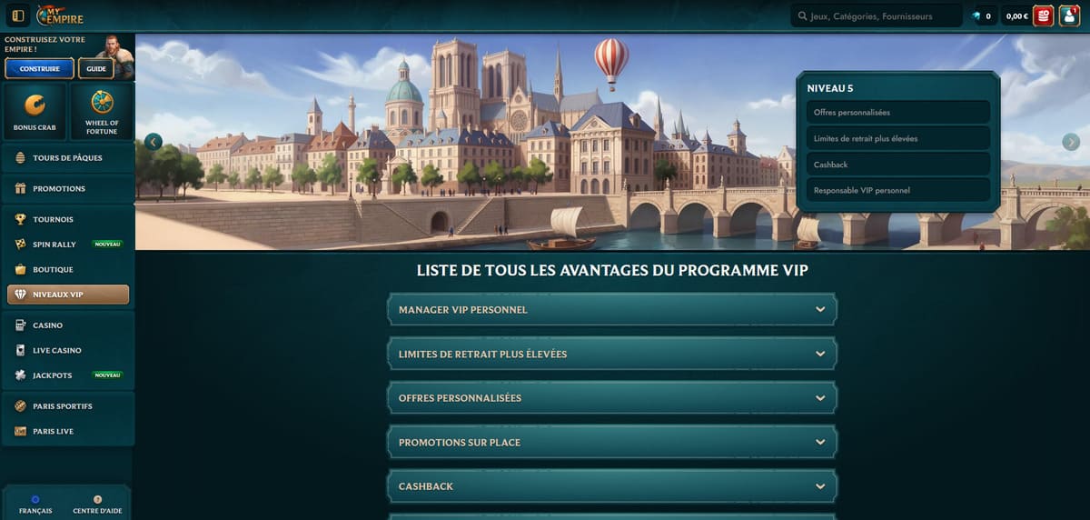 Programme VIP de My Empire Casino avec les cinq niveaux Bronze Silver Gold Platinum Diamond et leurs avantages