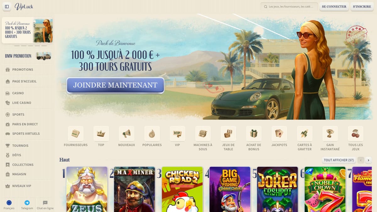 Lobby de VipLuck casino en ligne avec navigation par catégories de jeux et interface sombre aux accents dorés