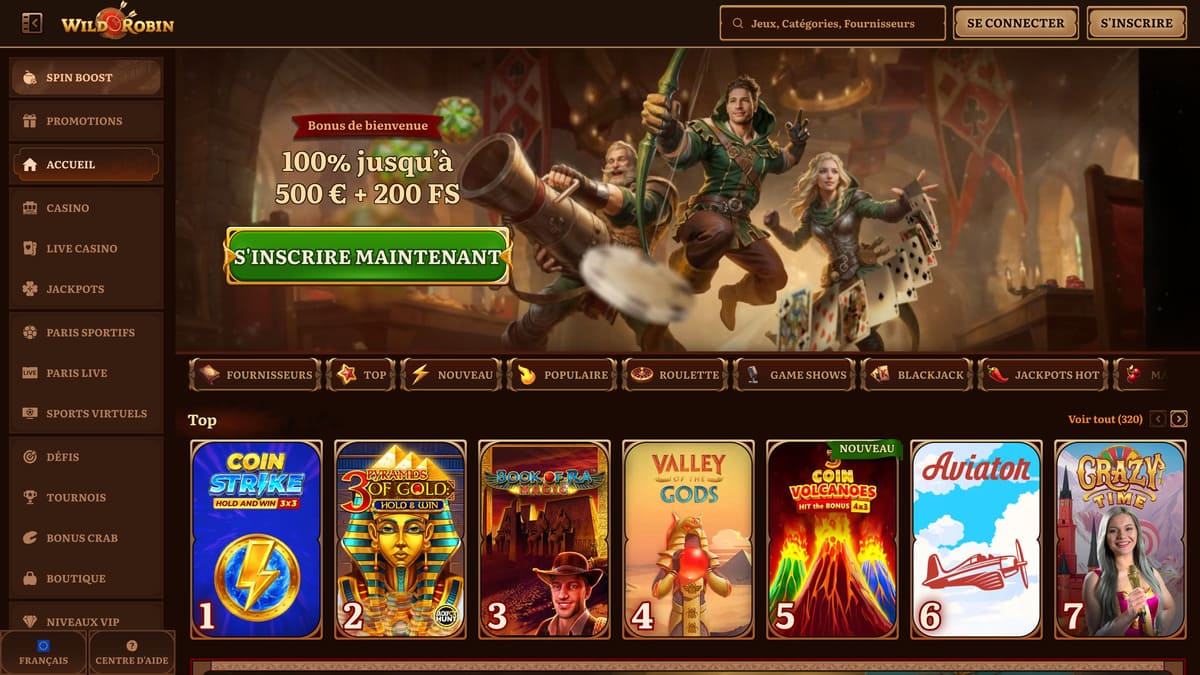 Lobby principal de WildRobin casino avec le catalogue de jeux et la section live en page d'accueil