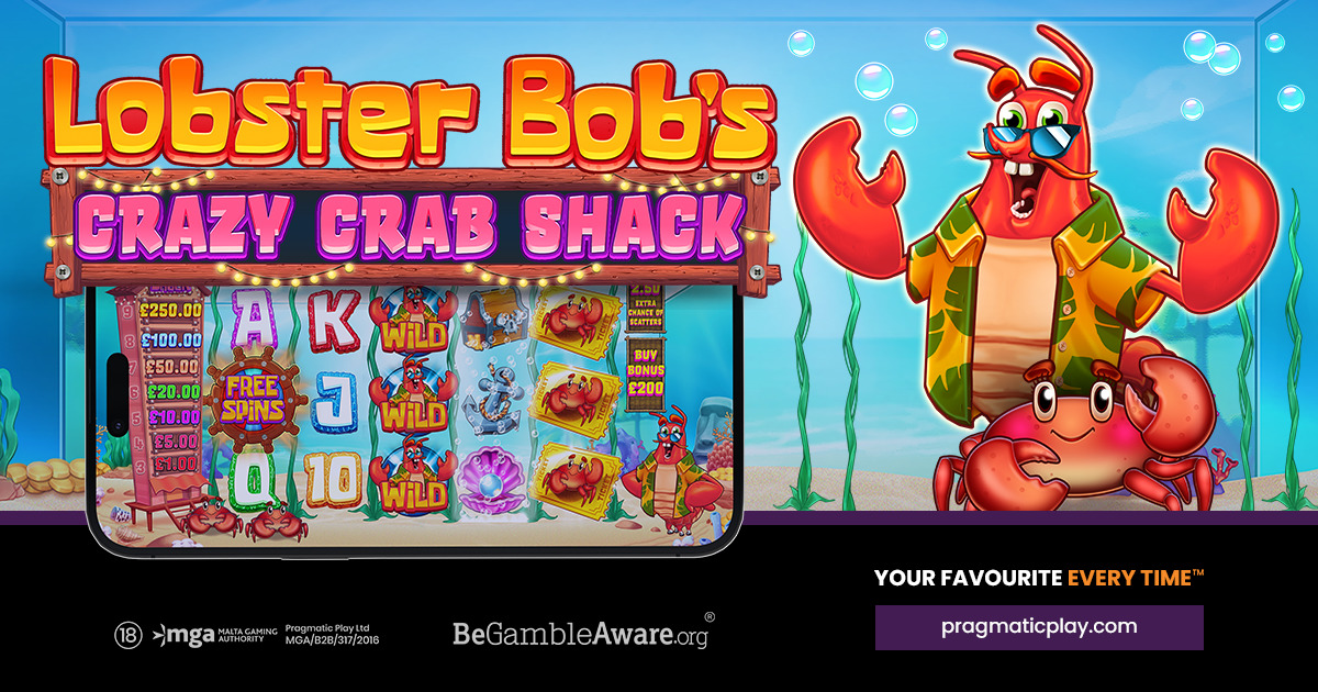 Grille 5x3 de Lobster Bob’s Crazy Crab Shack avec crabes, cartes hautes et symbole Free Spins visibles
