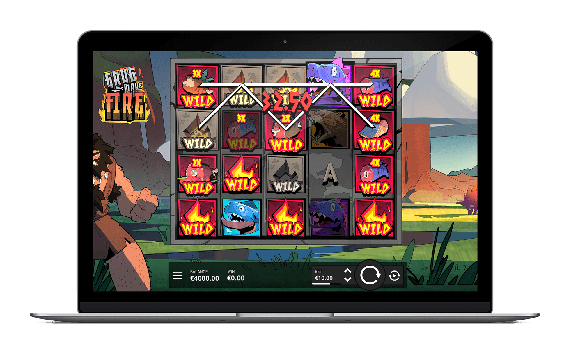 Grug Make Fire affiché sur desktop et mobile, grille 5x4 et animations de feu du slot Hacksaw Gaming
