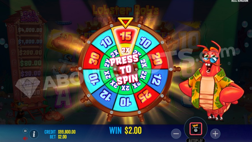 Roue à bonus de Lobster Bob’s Crazy Crab Shack affichant tours gratuits et multiplicateurs x2 et x3