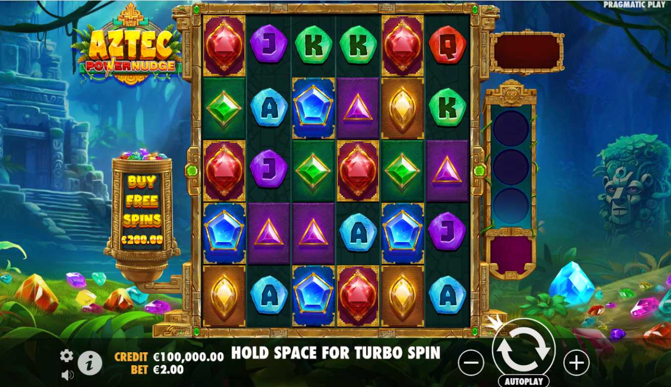 Écran de jeu d'Aztec Powernudge de Pragmatic Play montrant la mécanique Powernudge en action