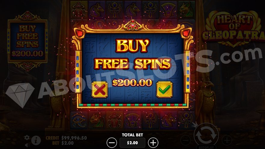 Menu Feature Buy de Heart of Cleopatra affichant l'option d'achat direct des free spins