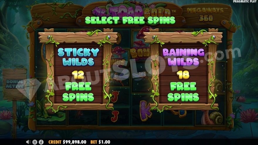 Écran de sélection des Free Spins de Mr Toad Gold Megaways entre Sticky Wilds et Raining Wilds