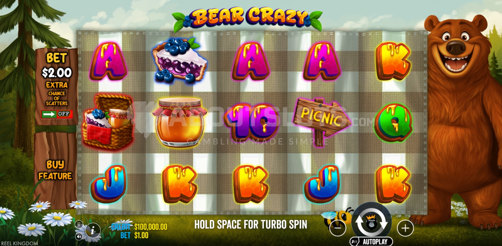 Grille 5x3 de Bear Crazy en jeu de base avec symboles d'ours et panier de pique-nique sur fond de forêt