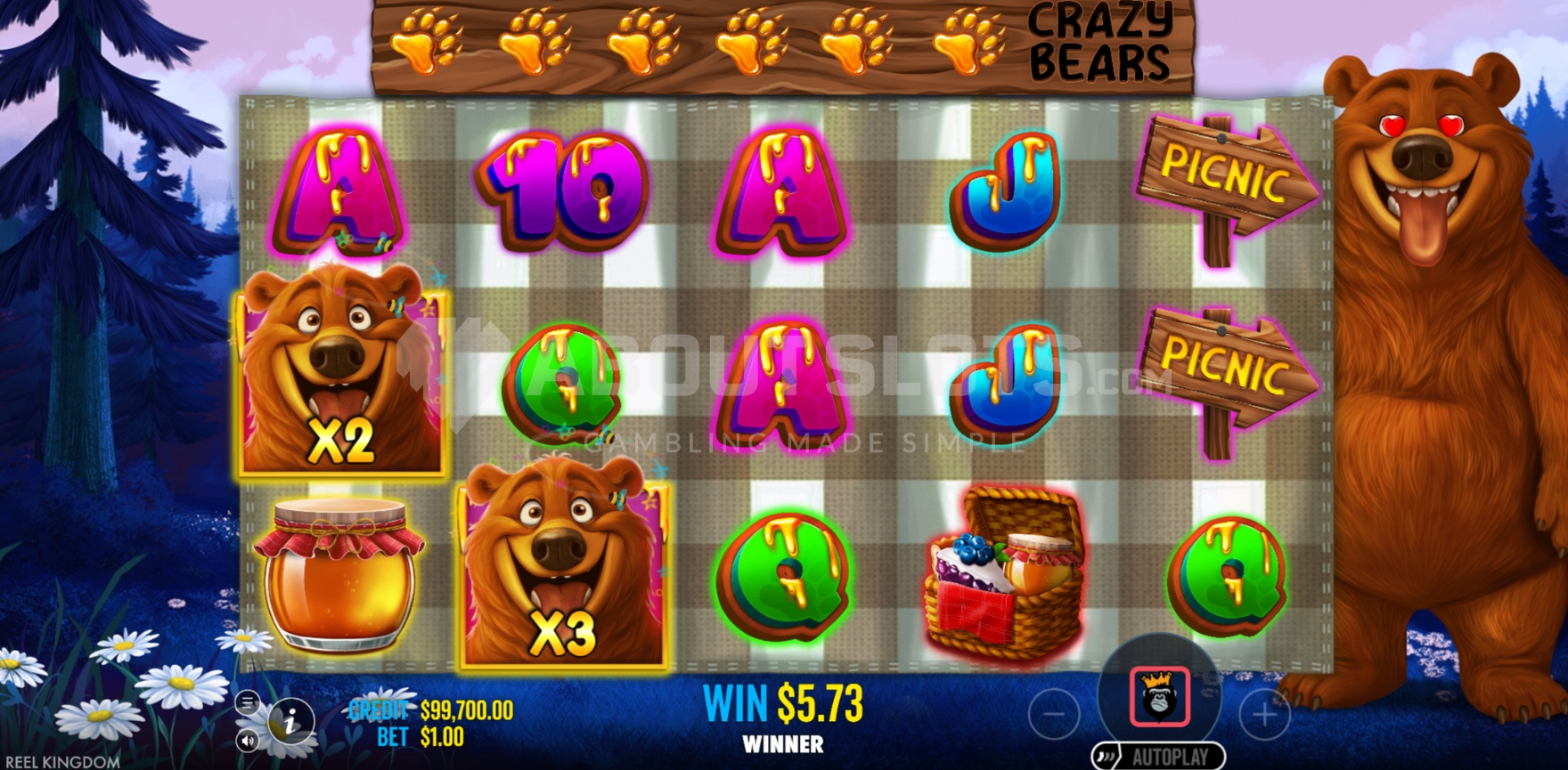 Écran du round bonus de Bear Crazy avec jauge Crazy Bears active et symboles Mega Bears 3x3 visibles
