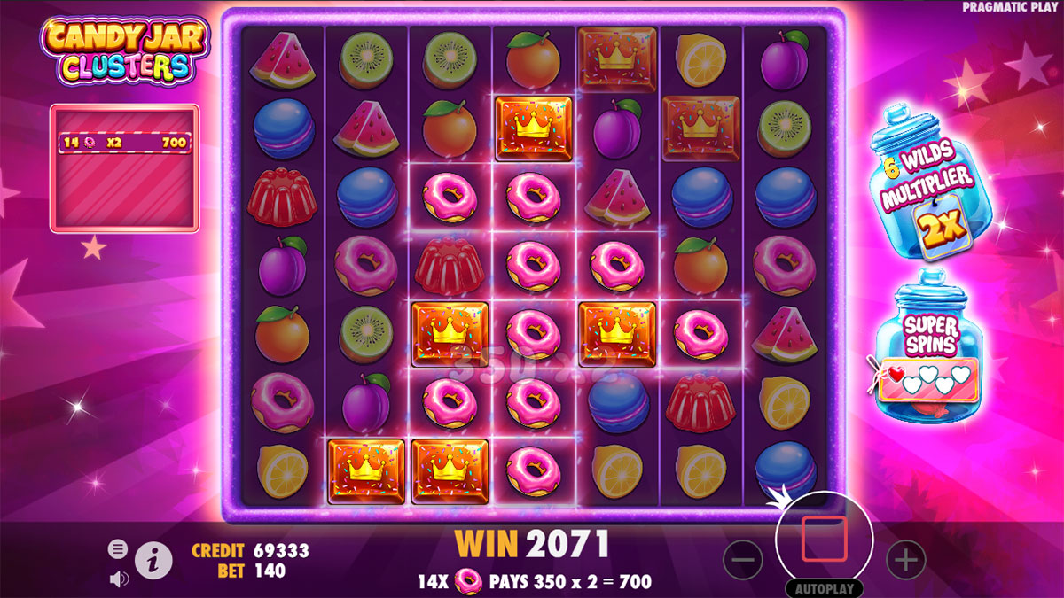 Écran de bonus de Candy Jar Clusters avec un multiplicateur appliqué sur un cluster de bonbons