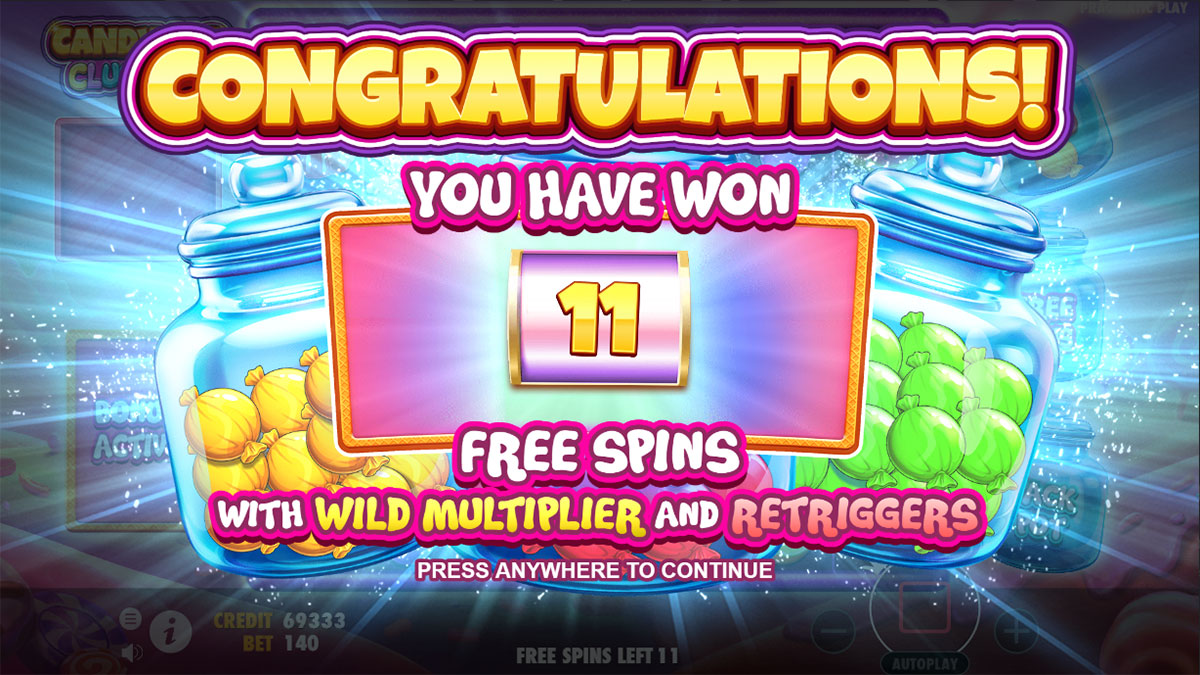 Écran de free spins de Candy Jar Clusters avec le compteur de tours gratuits actif