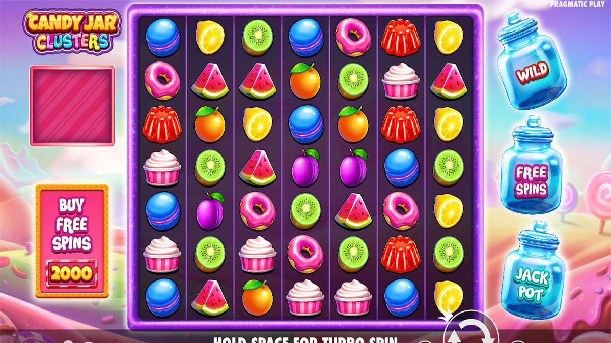 Grille 7x7 de Candy Jar Clusters en jeu normal avec plusieurs bonbons colorés sur les rouleaux