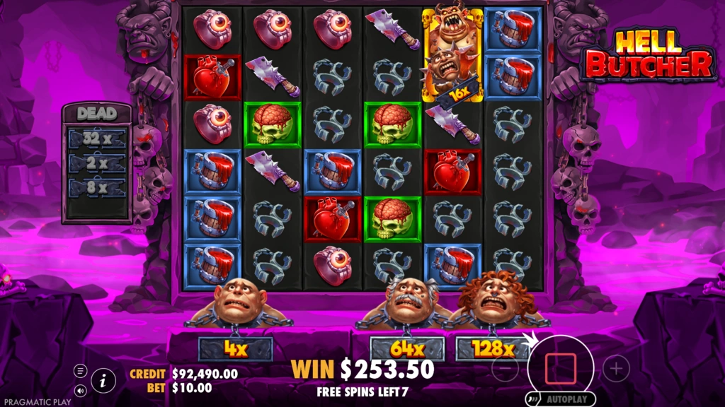 Écran Super Free Spins de Hell Butcher en mode No Miss Madness avec multiplicateurs actifs sur la grille