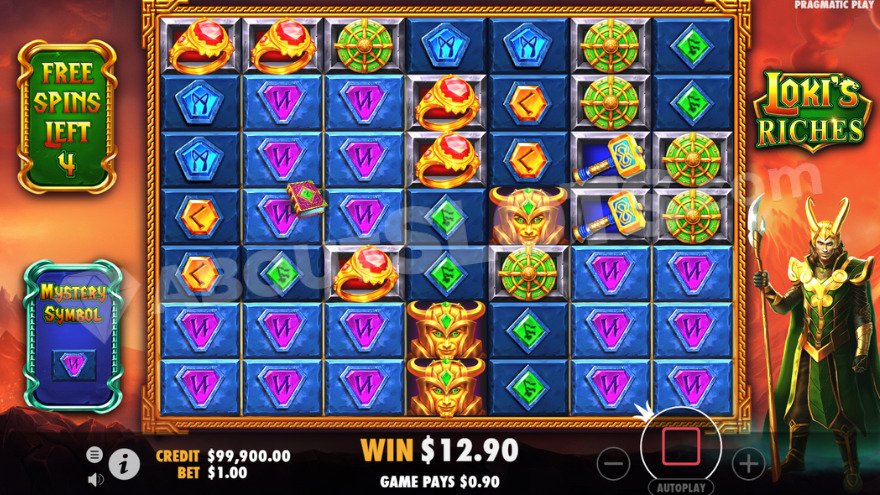 Écran Free Spins de Loki's Riches avec le symbole mystère expansif pré-sélectionné affiché à gauche des rouleaux