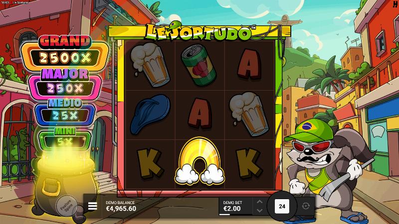 Grille 3x3 de Le Sortudo avec pot d'or et échelle de jackpots Mini à Grand affichée