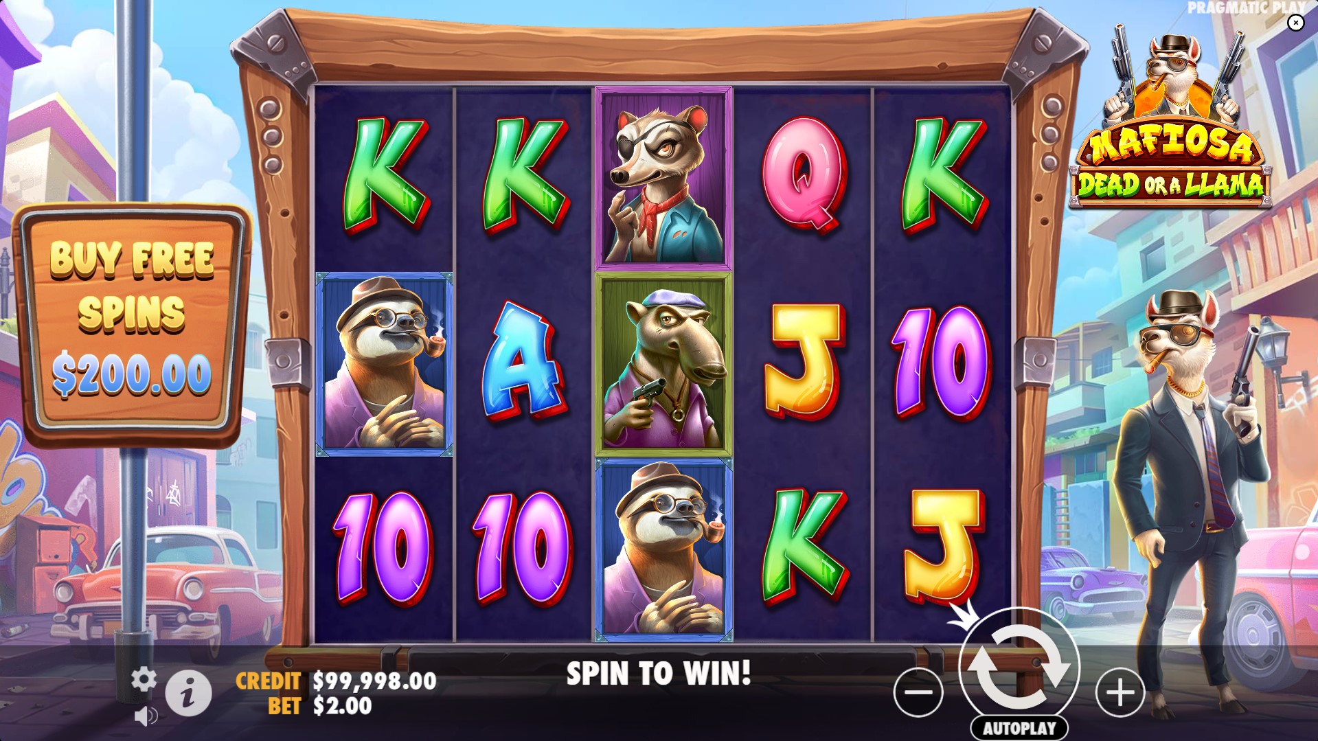 Grille principale de Mafiosa Dead or a Llama avec le bouton d'achat de Free Spins à 200 dollars