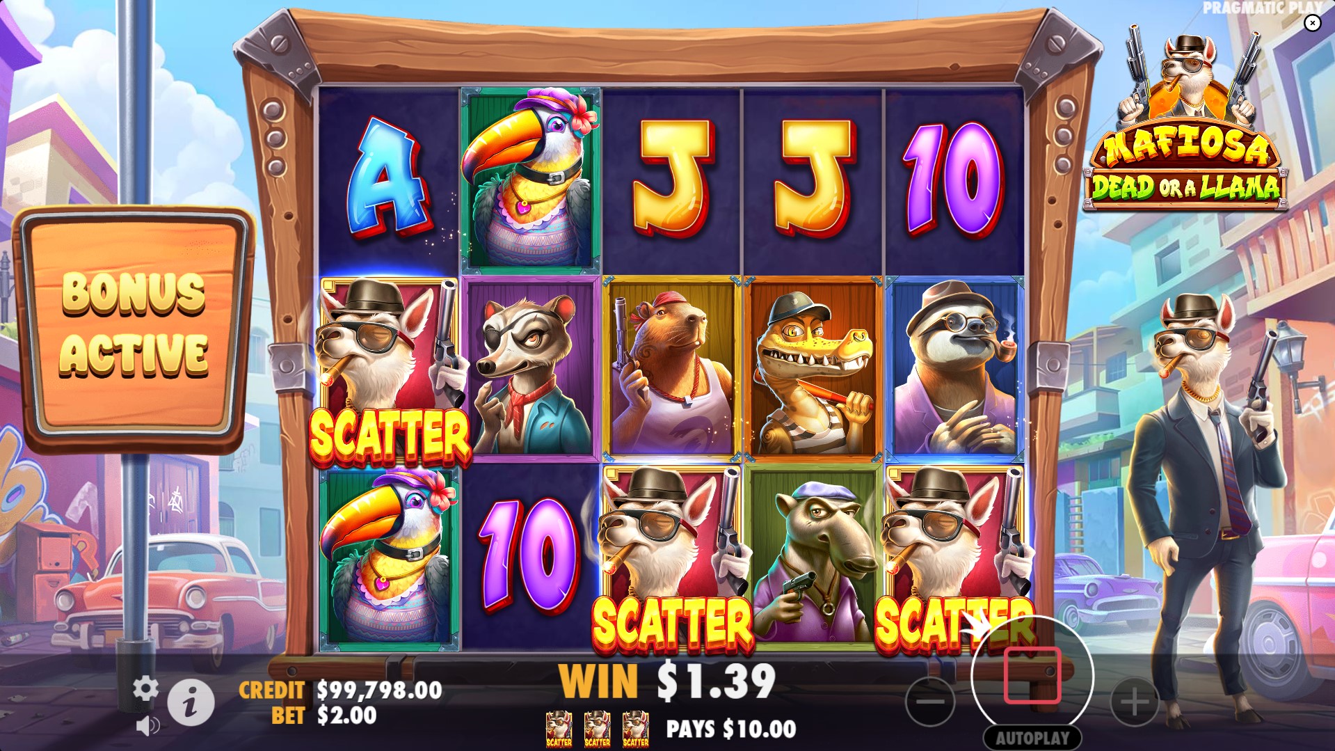 Bonus actif sur Mafiosa Dead or a Llama avec plusieurs symboles Scatter affichés sur la grille