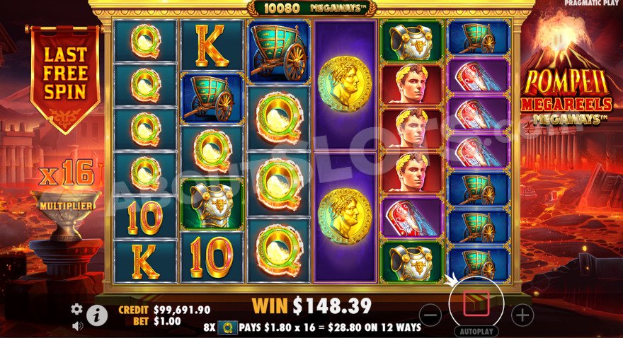 Écran free spins de Pompeii Megareels Megaways avec multiplicateur 16x affiché à gauche et cascades Tumble actives