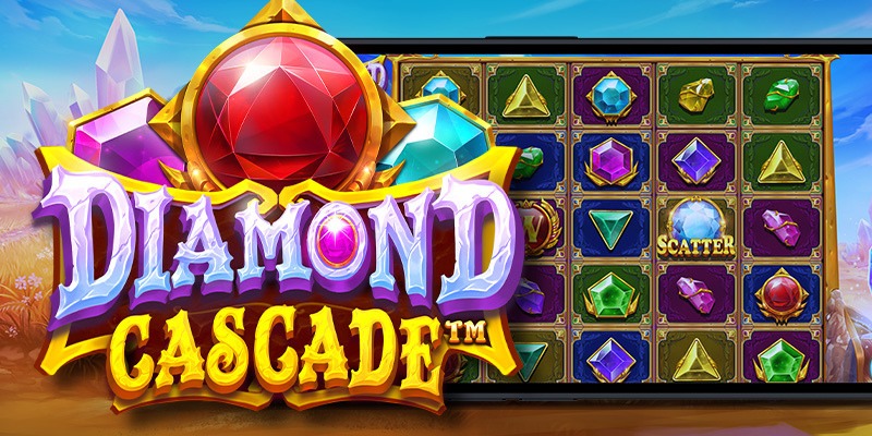 Écran d'accueil de Diamond Cascade avec le logo du jeu et la grille de gemmes affichée sur mobile