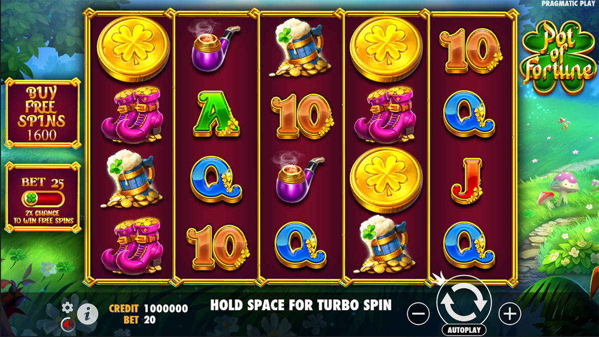 Grille 5x4 de Pot of Fortune en plein spin, symboles Wild Pot et Scatter Pot visibles sur les rouleaux