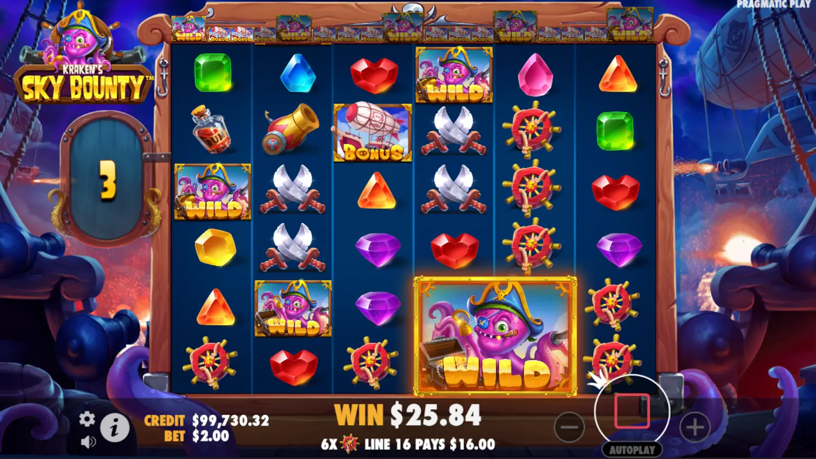 Écran de free spins de Sky Bounty avec le Wild Kraken étendu sur plusieurs cases