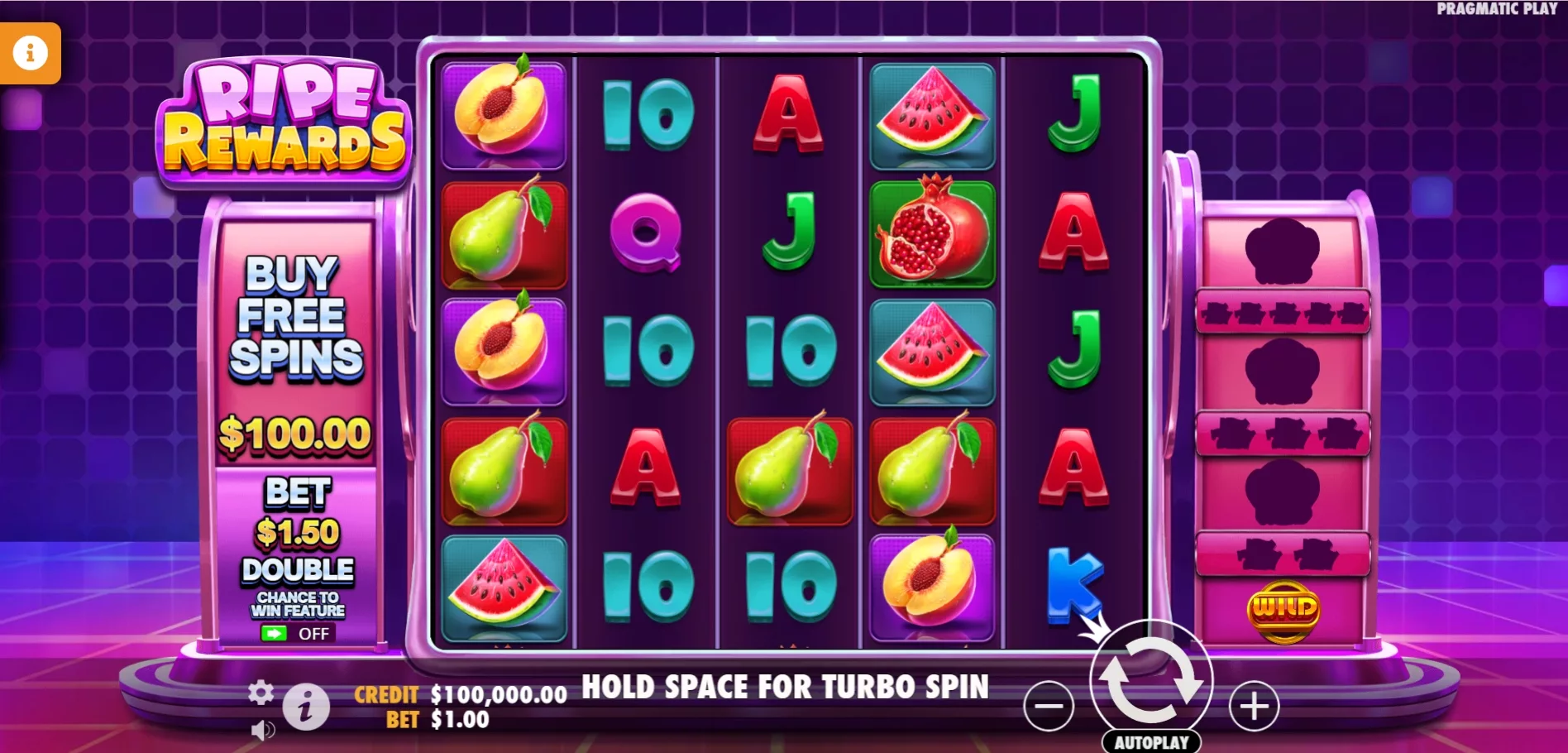 Grille 5x5 de Ripe Rewards en jeu de base avec les symboles fruits et 777 sur fond psychédélique