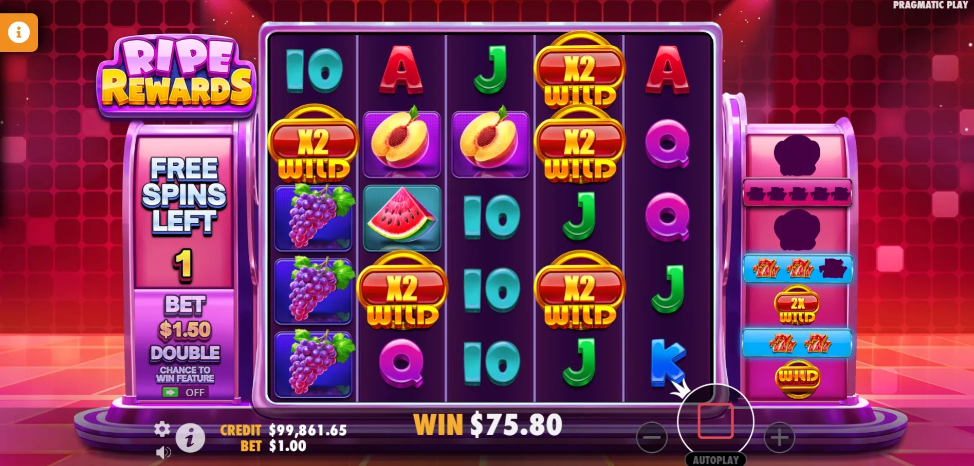 Écran de Free Spins de Ripe Rewards avec Wilds collants et multiplicateurs sur la grille
