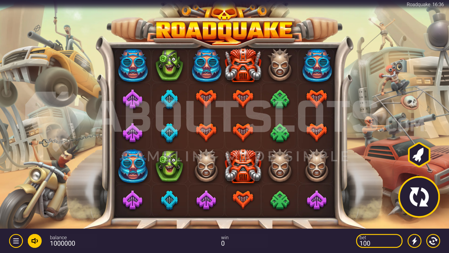Grille 6x5 de Roadquake avec Multiplier Hotspots actifs et symboles post-apocalyptiques en plein spin