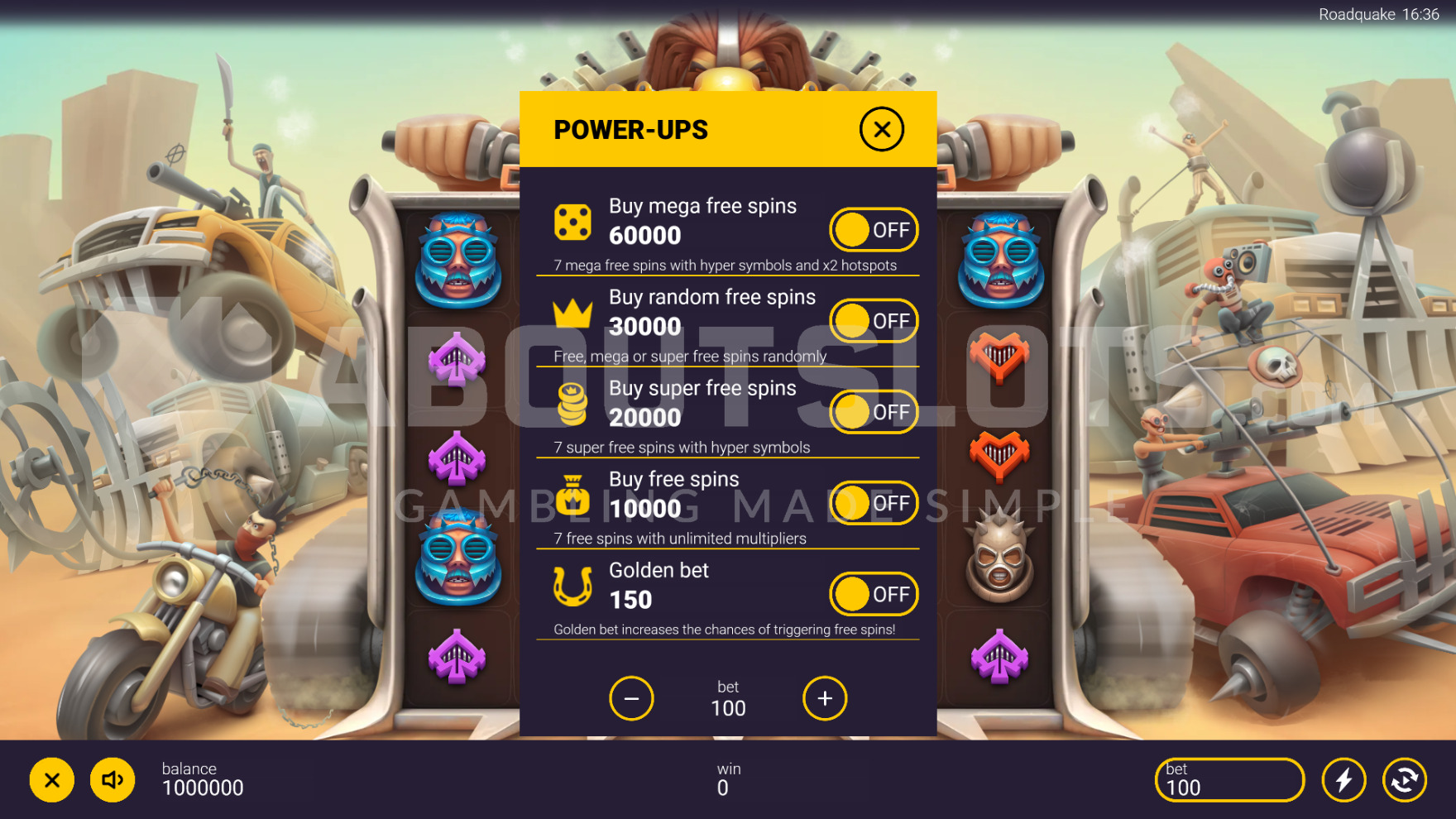 Menu Feature Buy de Roadquake affichant les paliers d'achat de bonus allant de x100 à x600 la mise