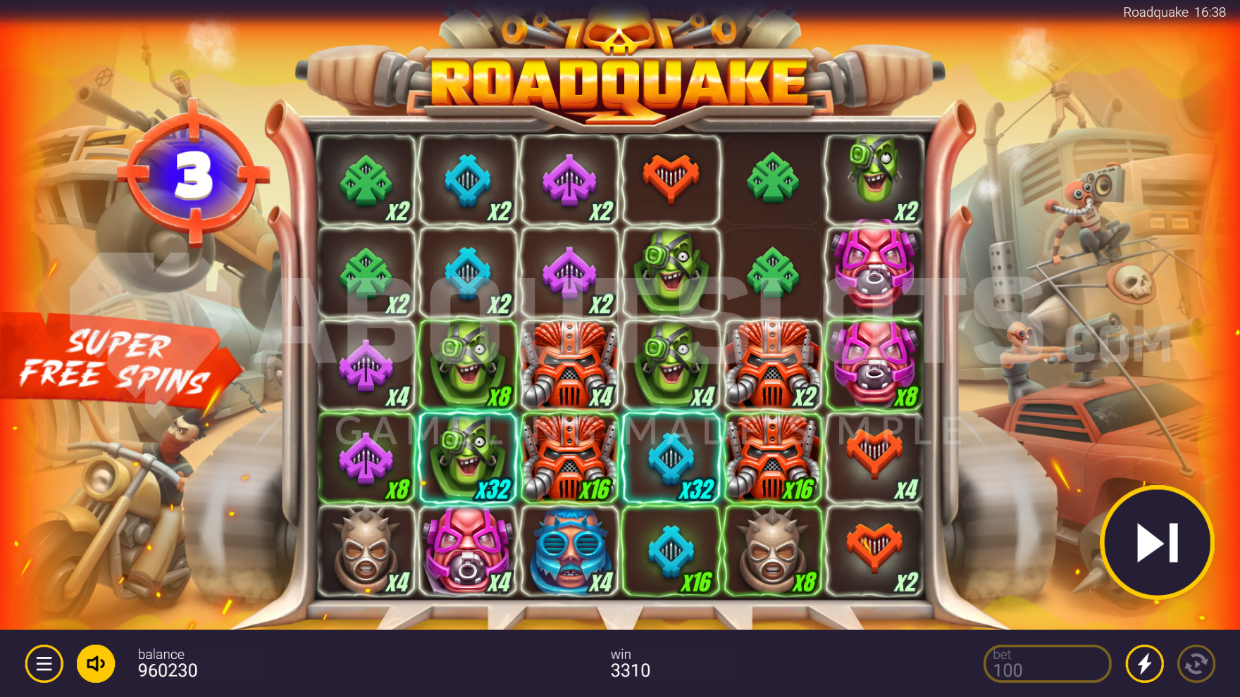 Écran Free Spins de Roadquake avec Hotspots accumulés et symboles Hyper visibles sur la grille 6x5