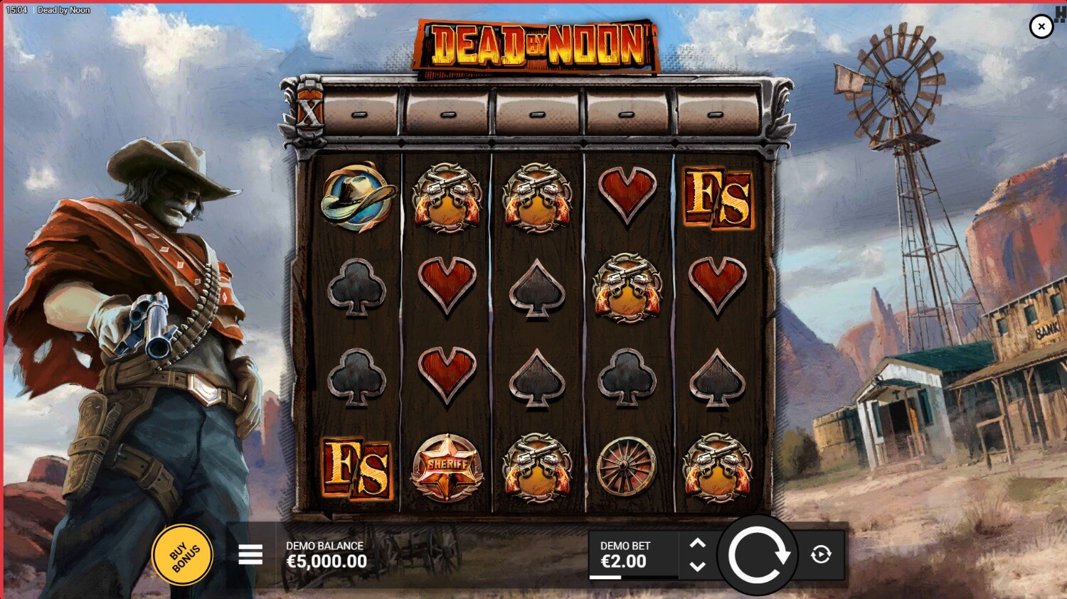 Grille 5x4 de Dead By Noon avec symboles FS et Poker Chip, cowboy armé en premier plan du décor western
