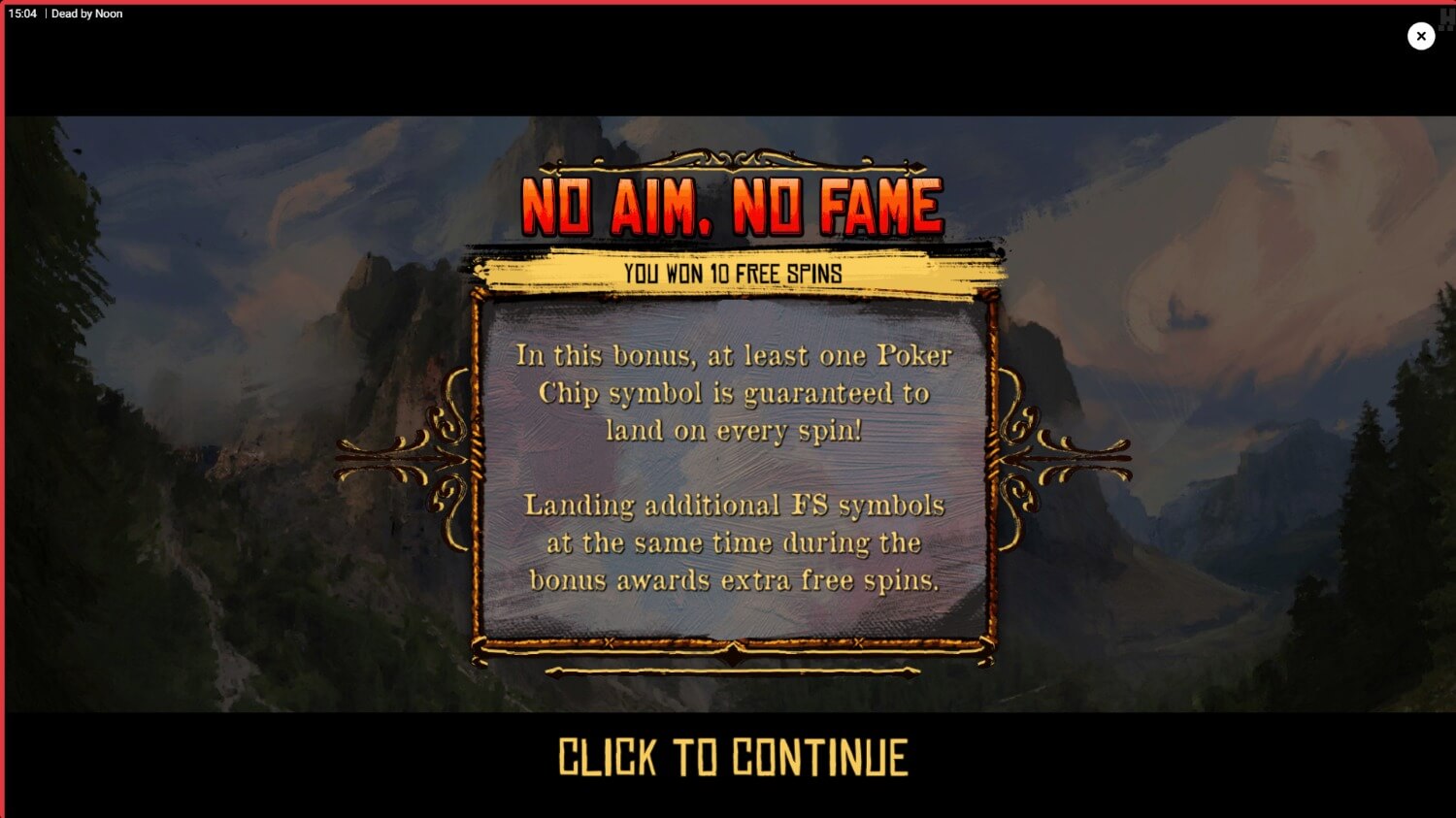 Écran du bonus No Aim No Fame sur Dead By Noon annonçant 10 tours gratuits avec jeton de poker garanti