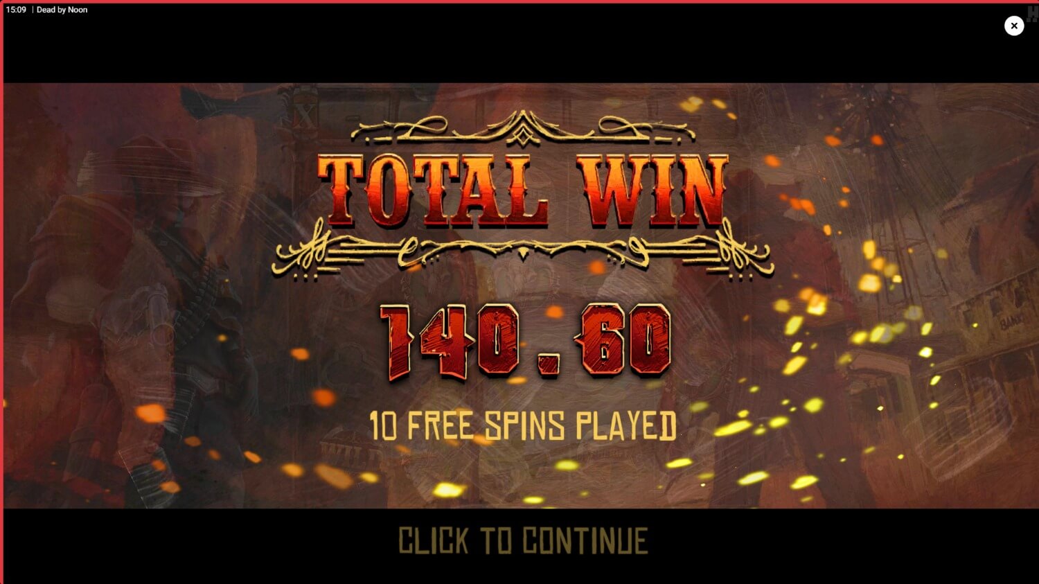 Écran de gain total sur Dead By Noon affichant 140,60 euros après les 10 free spins du bonus No Aim No Fame