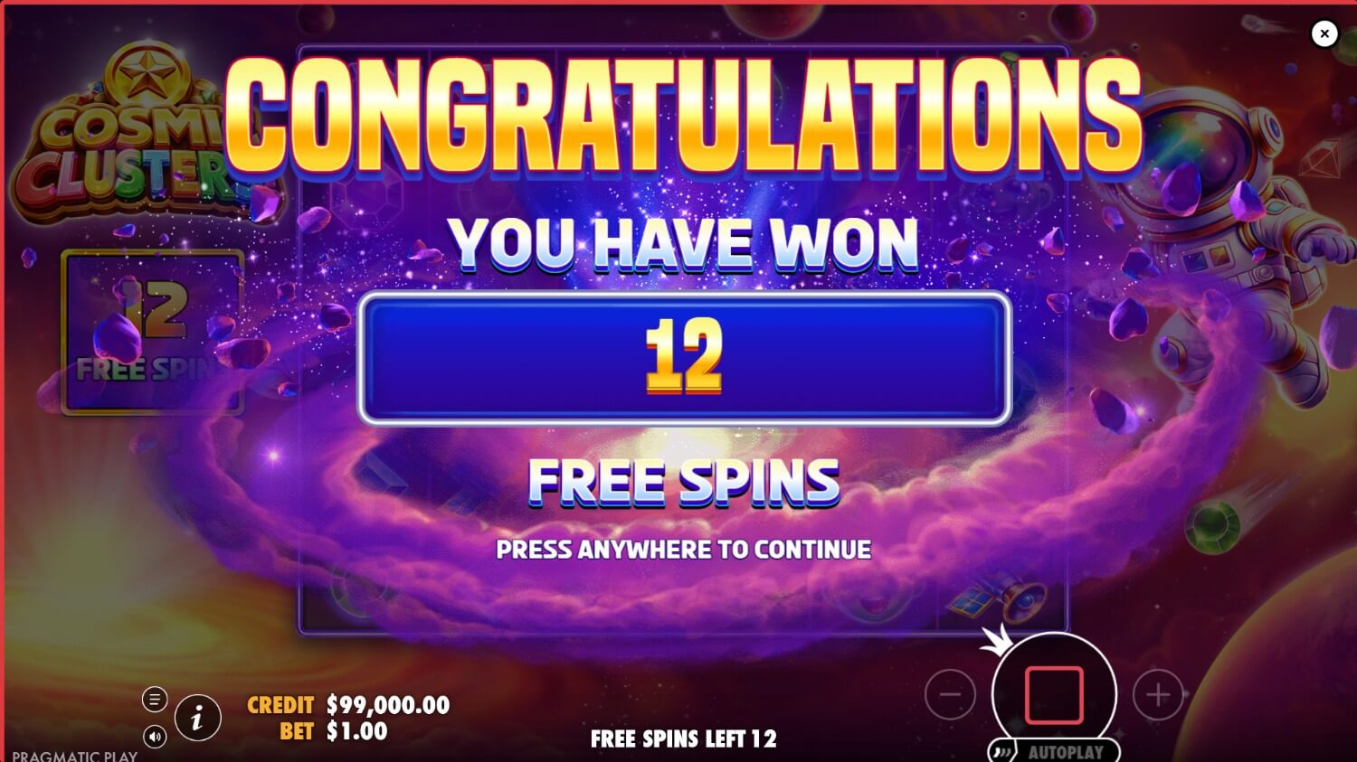 Écran de déclenchement des free spins sur Cosmic Clusters annonçant 12 tours gratuits gagnés