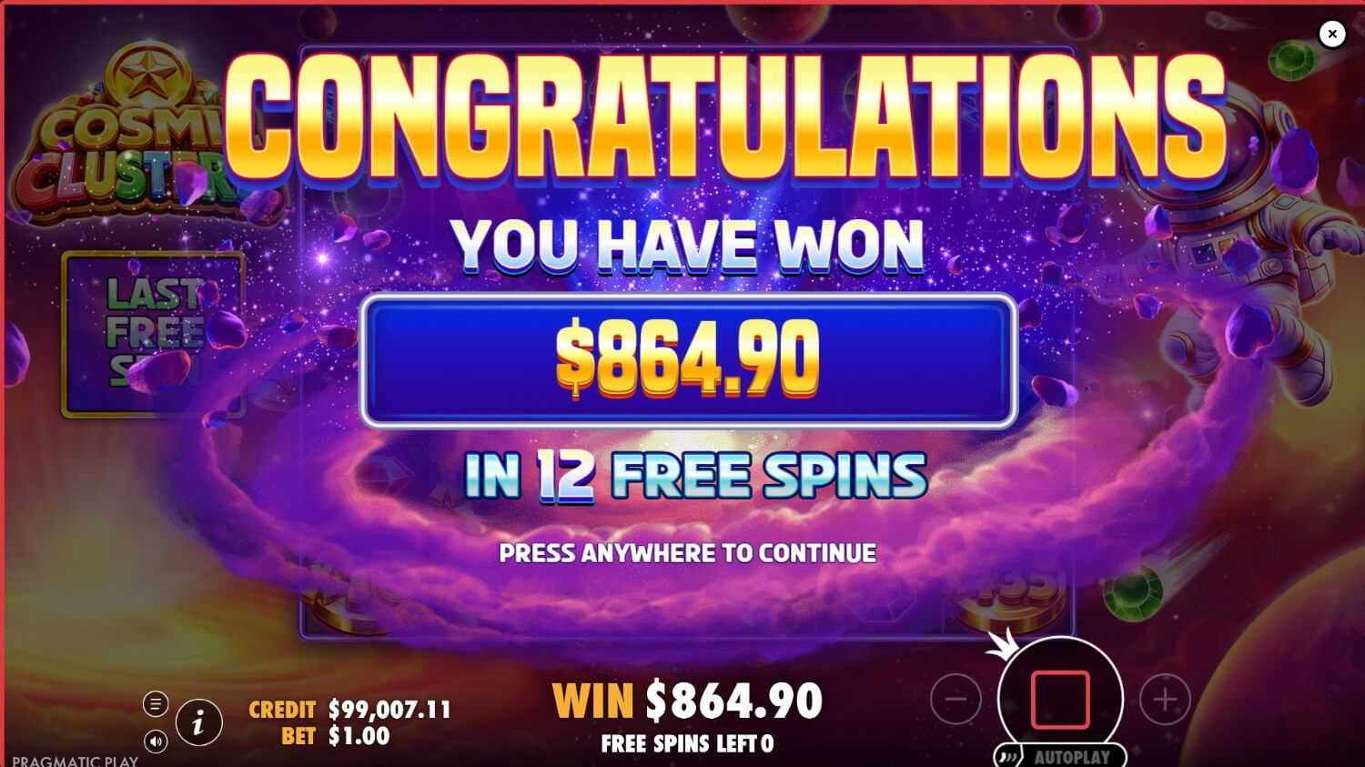 Résultat des free spins de Cosmic Clusters avec un gain cumulé de 864,90 dollars sur 12 tours