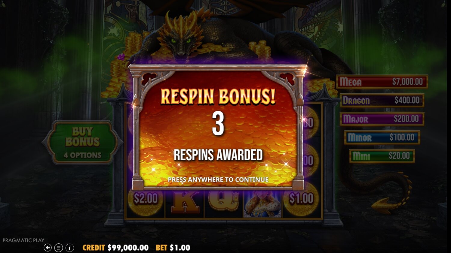 Écran de respin Hold and Win de Sleeping Dragon Ultra Dark avec plusieurs symboles Money figés sur la grille