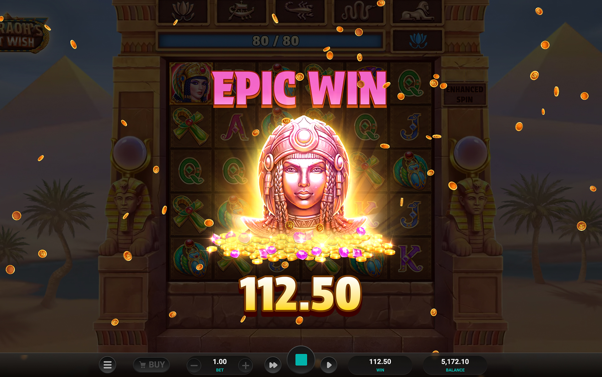 Écran Epic Win de Pharaoh's Last Wish avec un gain de 112,50x et le symbole reine au niveau maximum