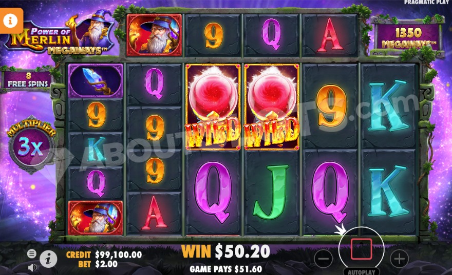 Free spins de Power of Merlin Megaways avec deux wilds créés par le Lightning Bolt